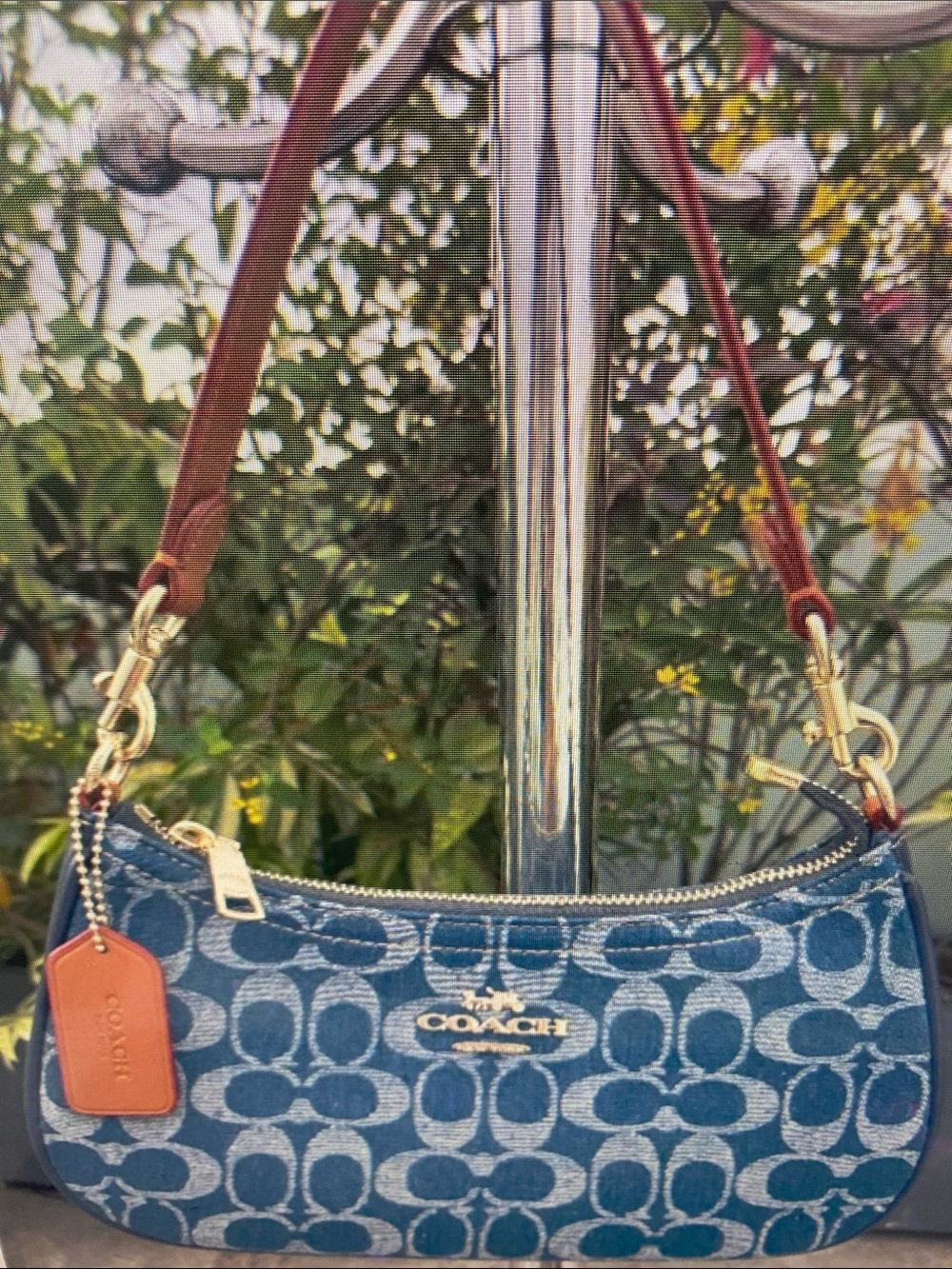 Coach Blue Signature Jacquard Mini Shoulder Bag with Brown Strap